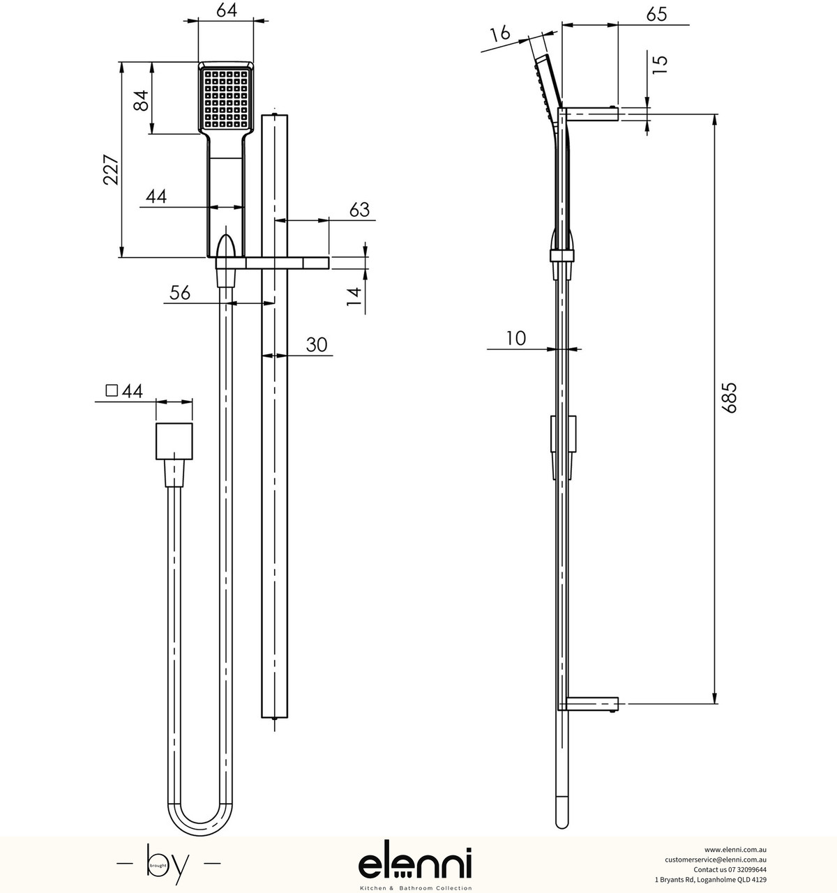 Lexi Deluxe Rail Shower - Elenni specification drawing