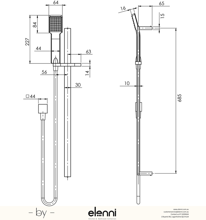 Lexi Deluxe Rail Shower - Elenni specification drawing