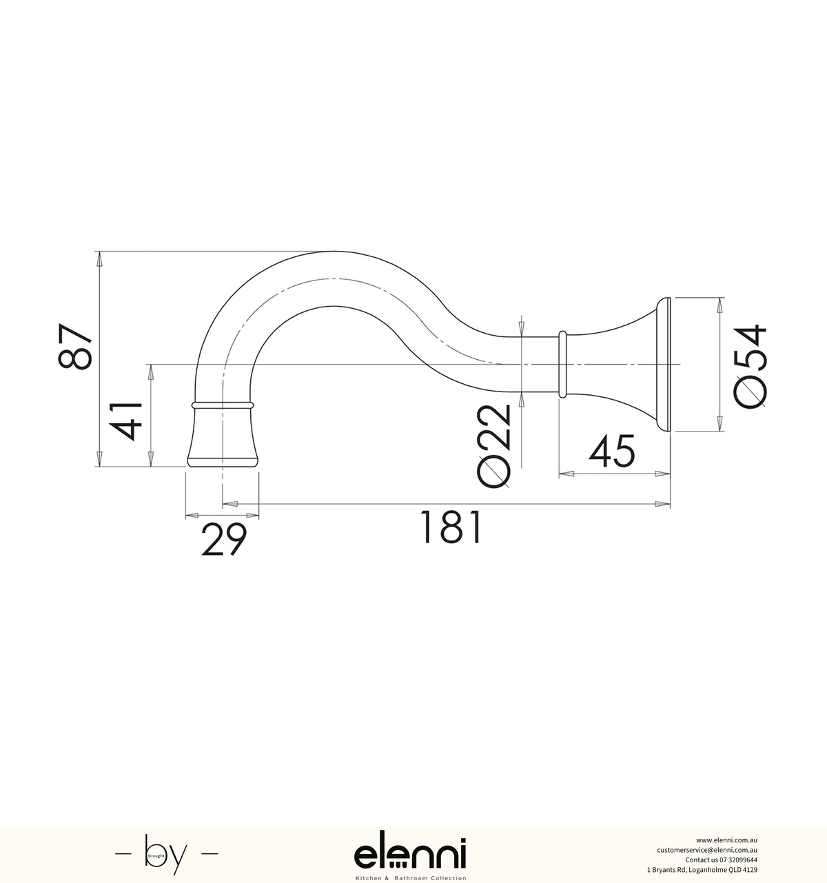 Nostalgia Basin / Bath Outlet 180mm Shepherds Crook - Lead Free - Elenni specification drawing