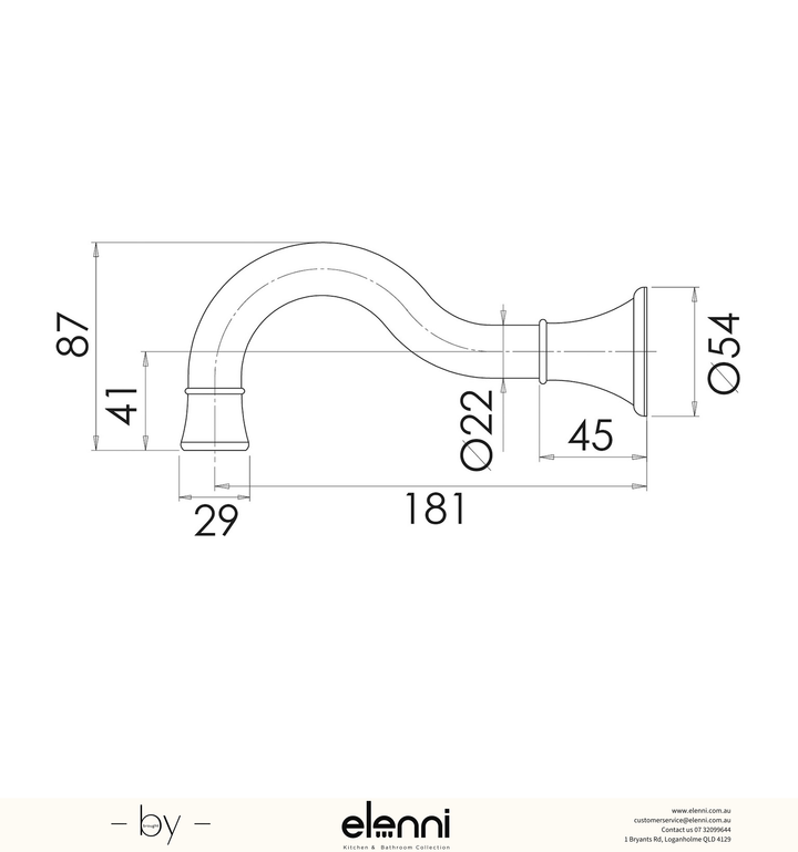 Nostalgia Basin / Bath Outlet 180mm Shepherds Crook - Lead Free - Elenni specification drawing