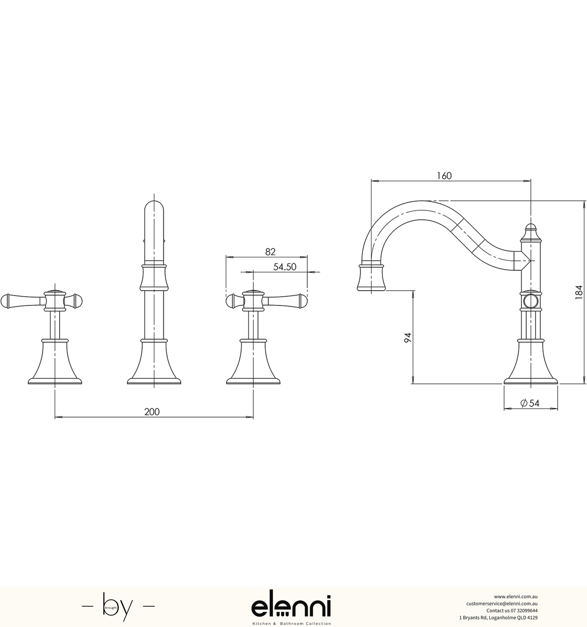 Nostalgia Lever Basin Set Shepherds Crook - Lead Free - Elenni specification drawing