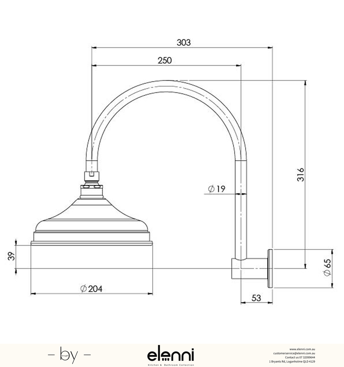 Nostalgia Vintage High-Rise Shower Arm &amp; Rose - Elenni specification drawing