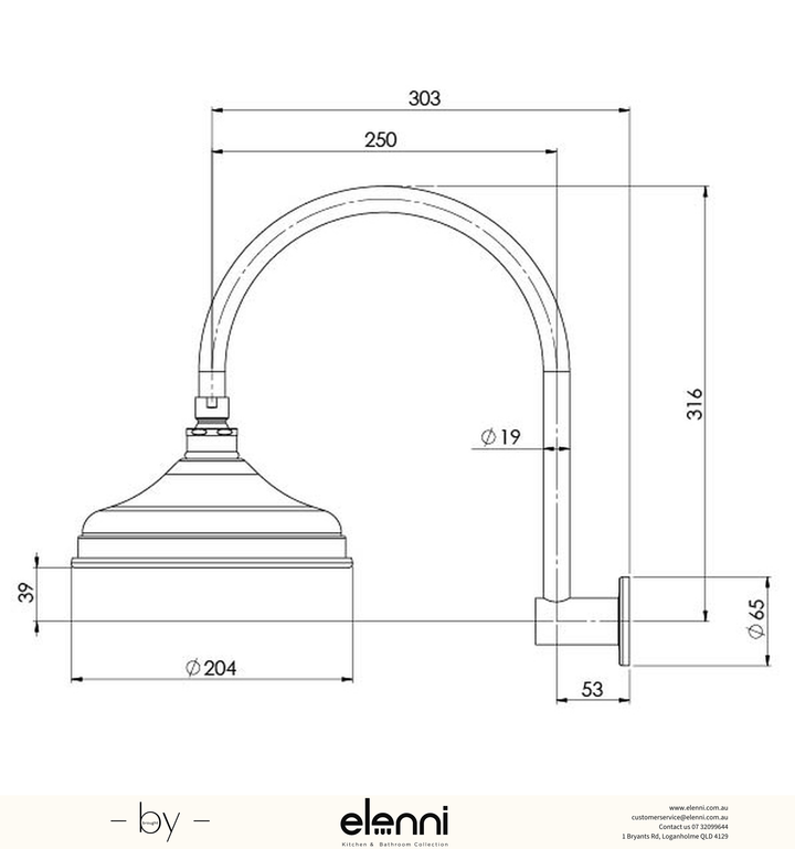 Nostalgia Vintage High-Rise Shower Arm &amp; Rose - Elenni specification drawing