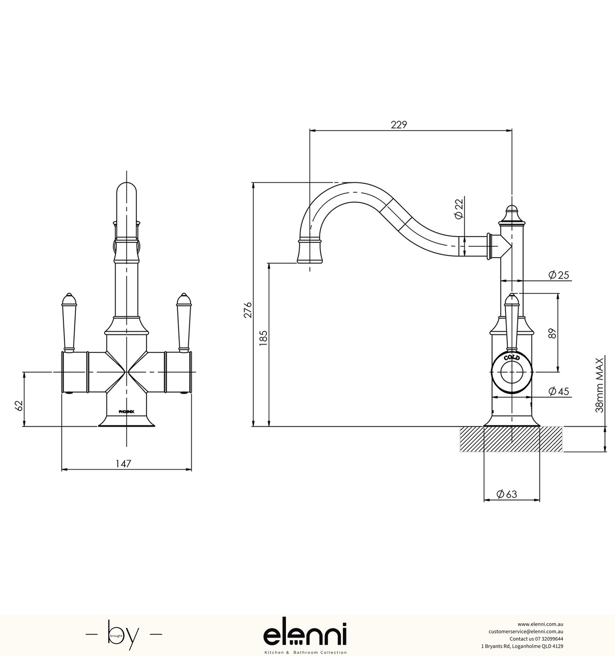Nostalgia Twin Handle Sink Mixer 230mm Shepherds Crook - Elenni specification drawing