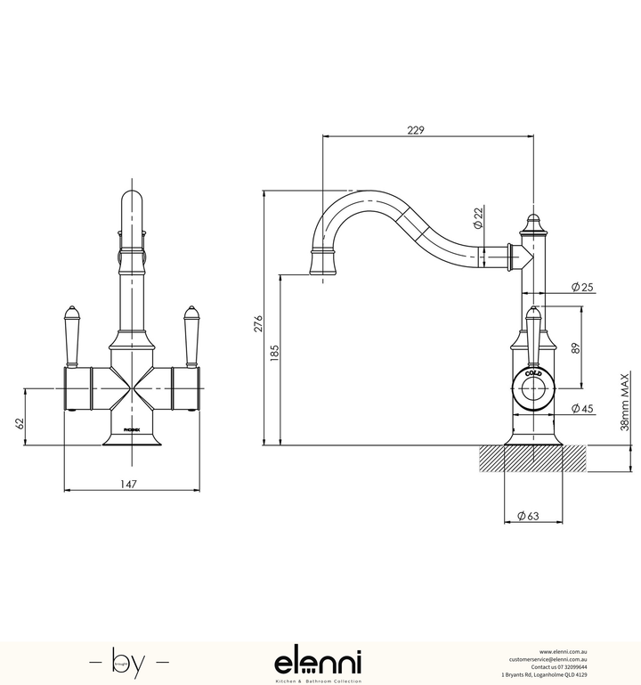 Nostalgia Twin Handle Sink Mixer 230mm Shepherds Crook - Elenni specification drawing