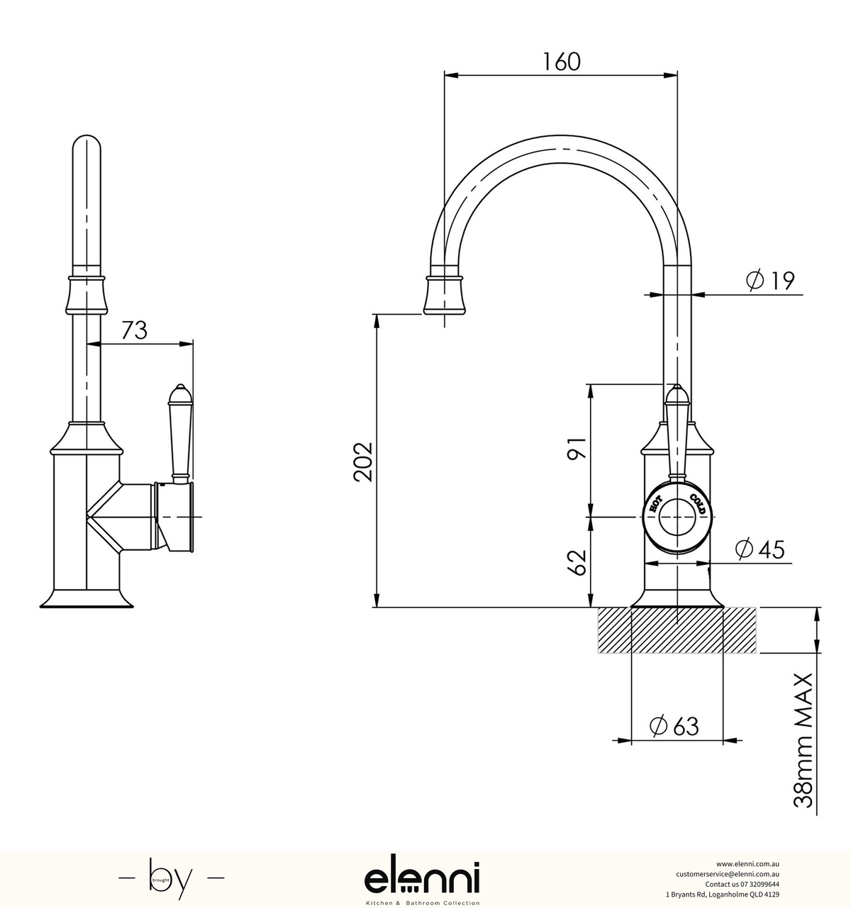 Nostalgia Sink Mixer 160mm Gooseneck - Elenni specification drawing