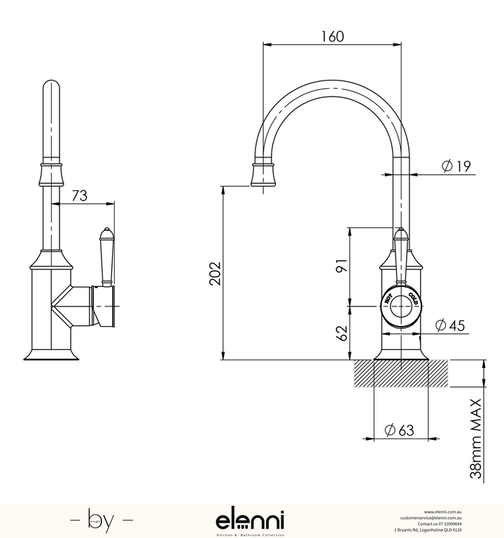 Nostalgia Sink Mixer 160mm Gooseneck - Elenni specification drawing