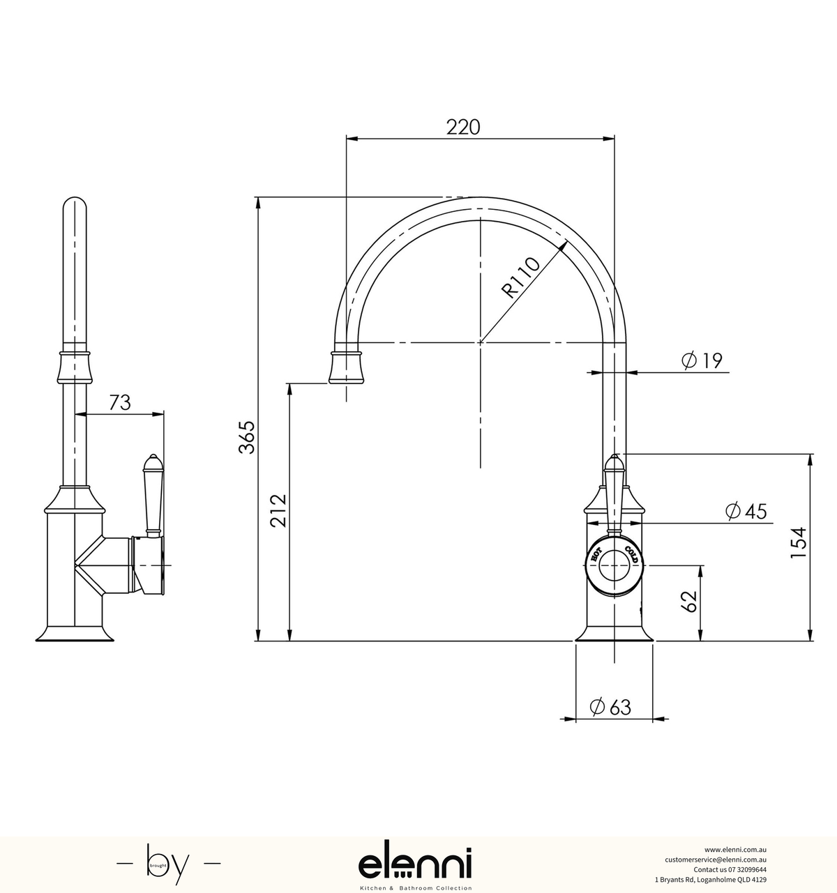 Nostalgia Sink Mixer 220mm Gooseneck - Elenni specification drawing