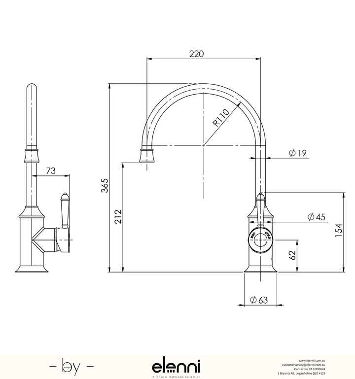 Nostalgia Sink Mixer 220mm Gooseneck - Elenni specification drawing