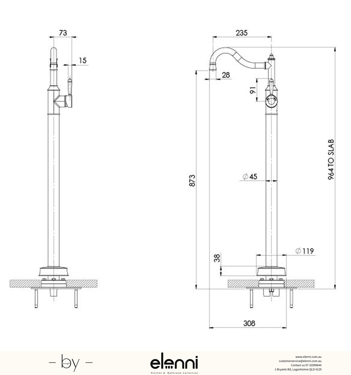 Nostalgia Floor Mounted Bath Mixer Shepherds Crook - Elenni specification drawing