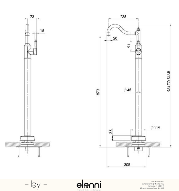 Nostalgia Floor Mounted Bath Mixer Shepherds Crook - Elenni specification drawing