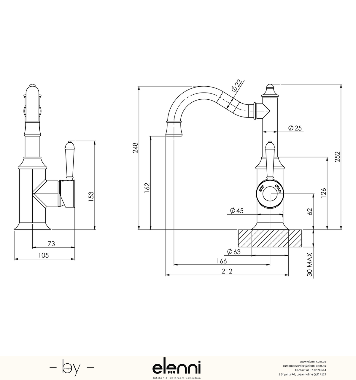 Nostalgia Basin Mixer 160mm Shepherds Crook - Lead Free - Elenni specification drawing