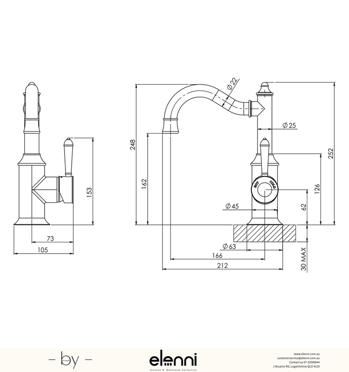 Nostalgia Basin Mixer 160mm Shepherds Crook - Lead Free - Elenni specification drawing