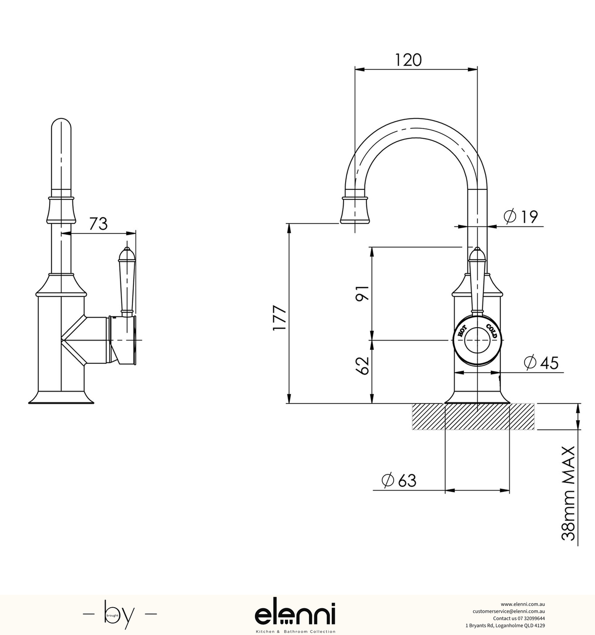 Nostalgia Basin Mixer 120mm Gooseneck - Lead Free - Elenni specification drawing