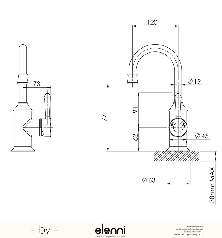 Nostalgia Basin Mixer 120mm Gooseneck - Lead Free - Elenni specification drawing
