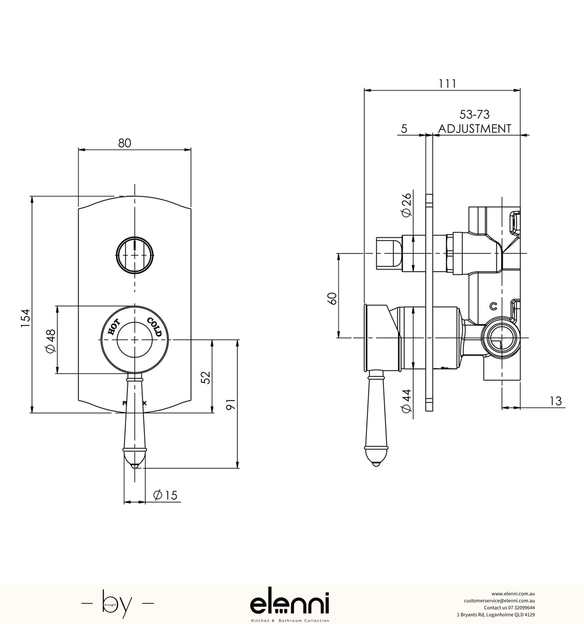 Nostalgia Shower / Bath Diverter Mixer - Elenni specification drawing