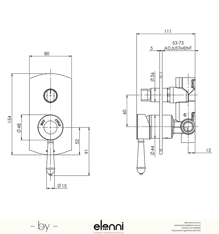Nostalgia Shower / Bath Diverter Mixer - Elenni specification drawing