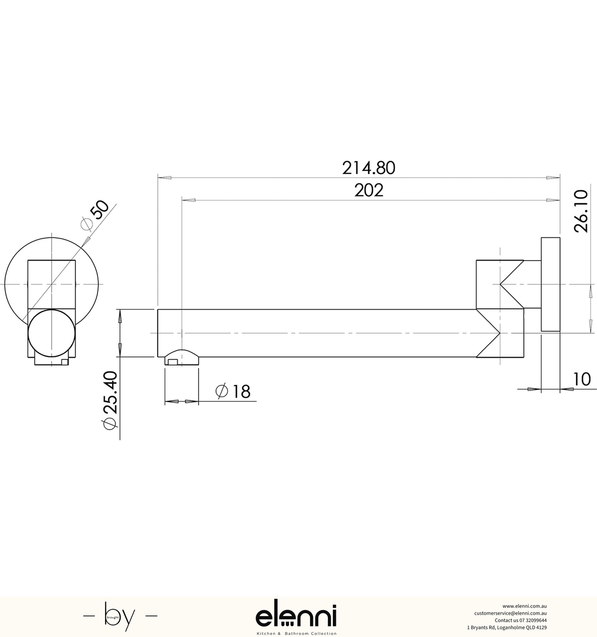 Swivel Bath Outlet 200mm Round - Elenni specification drawing