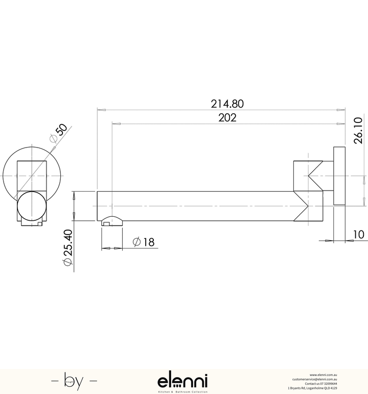 Swivel Bath Outlet 200mm Round - Elenni specification drawing