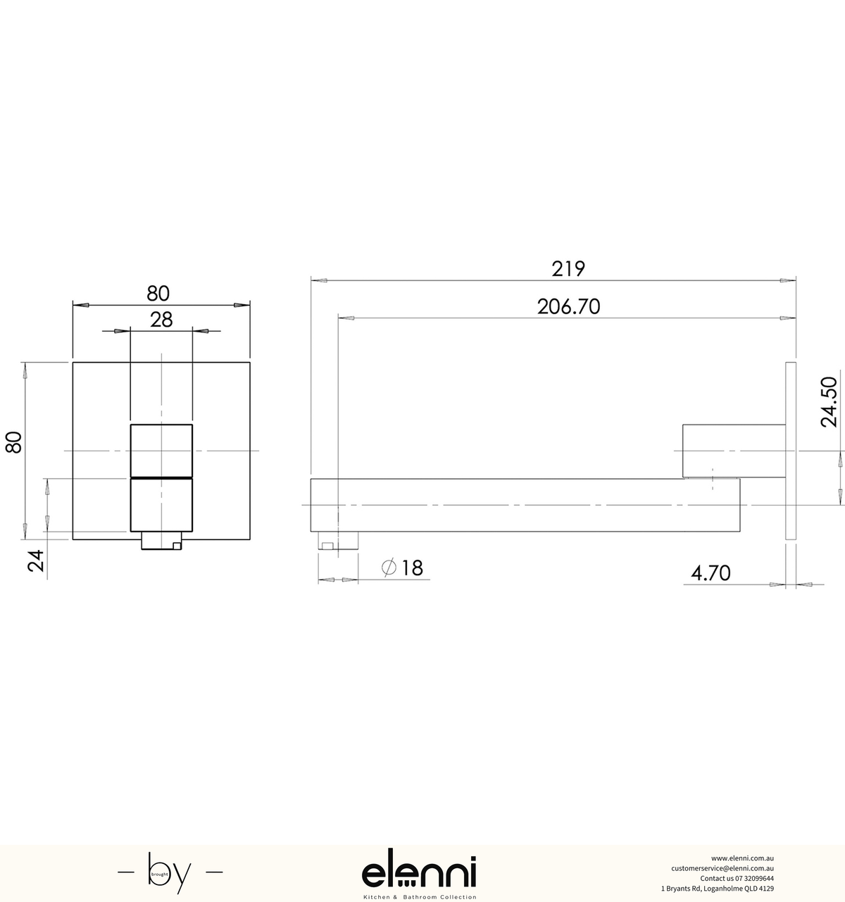 Swivel Bath Outlet 200mm Square - Elenni specification drawing