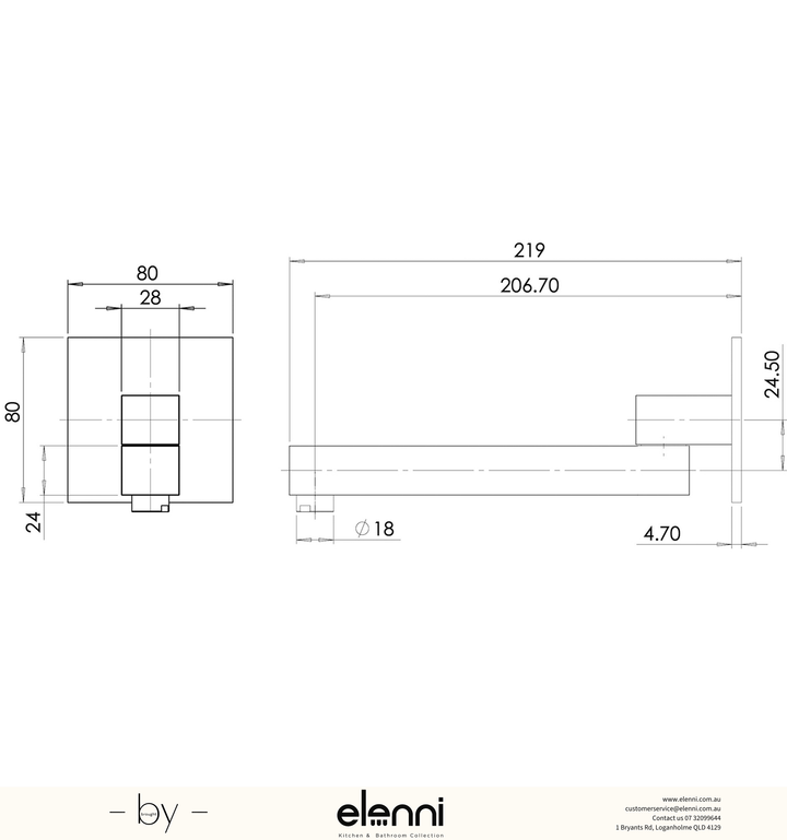 Swivel Bath Outlet 200mm Square - Elenni specification drawing