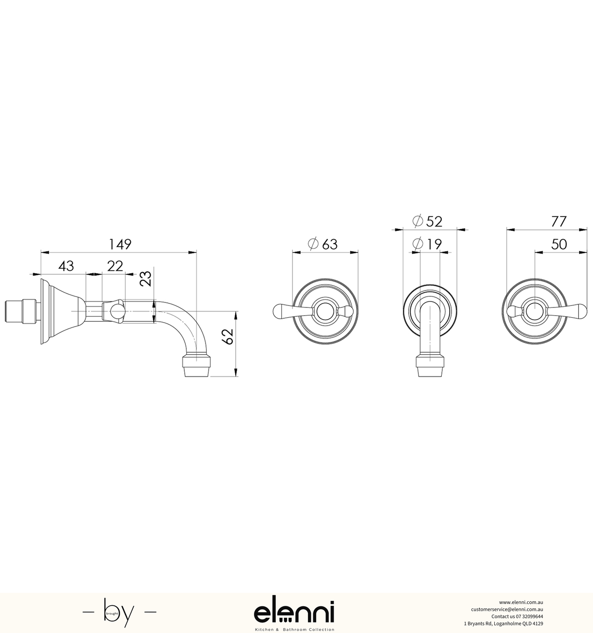 Rhapsody Lever Bath Set - Lead Free - Elenni specification drawing