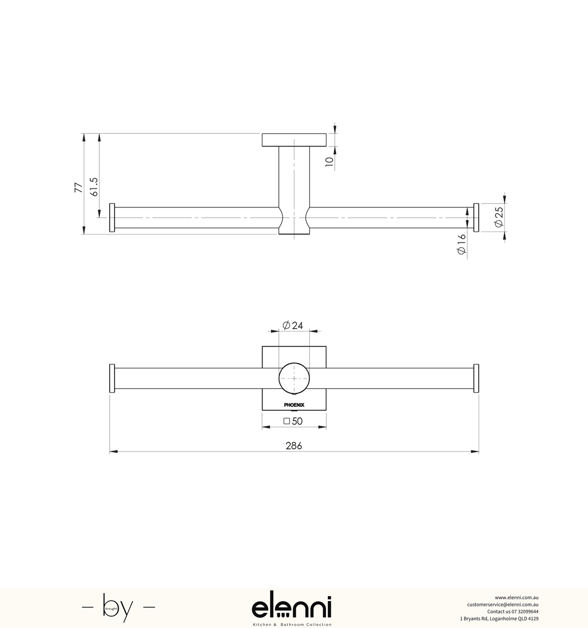 Radii Double Toilet Roll Holder Square Plate - Elenni specification drawing
