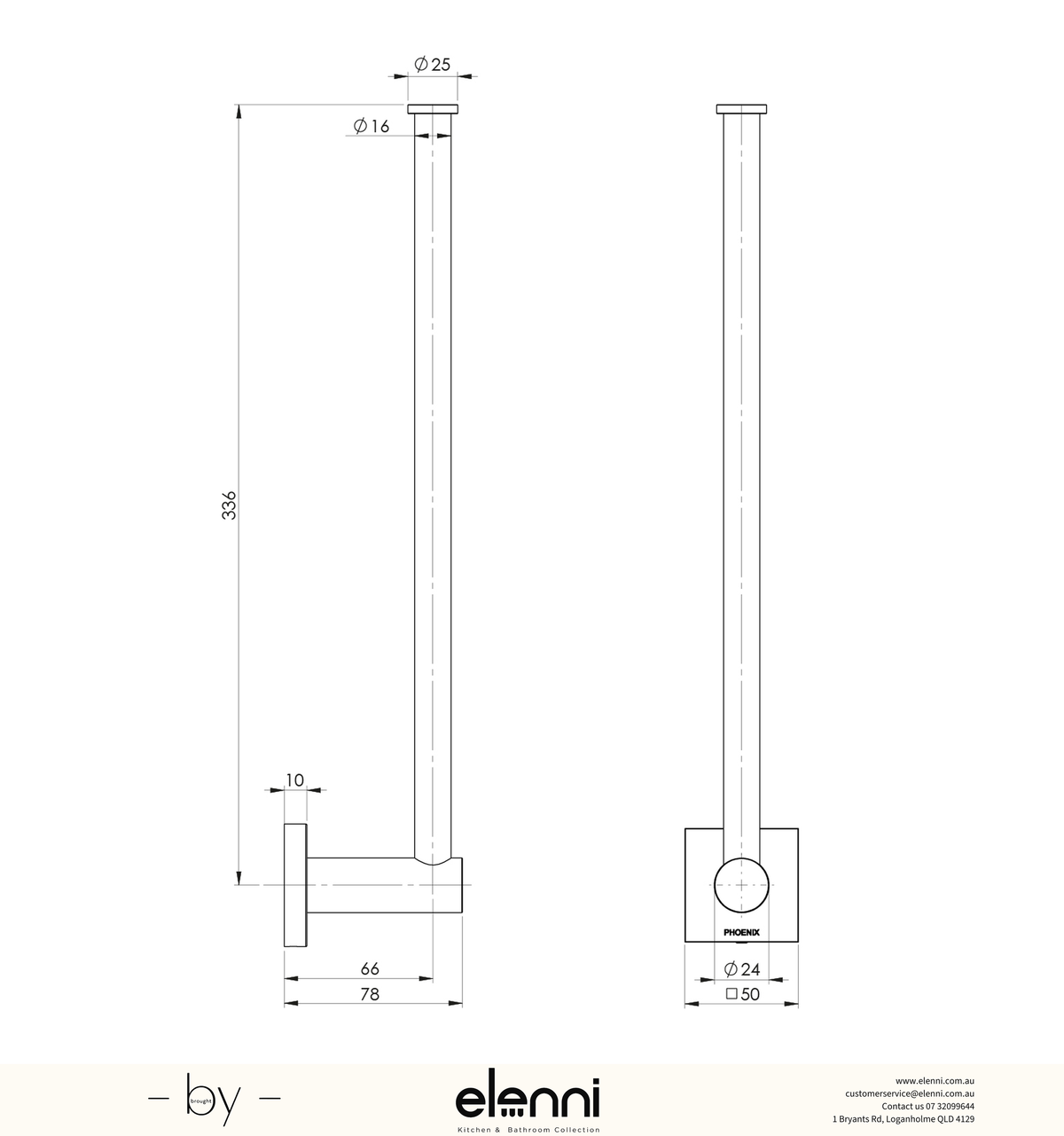 Radii Spare Toilet Roll Holder Square Plate - Elenni specification drawing
