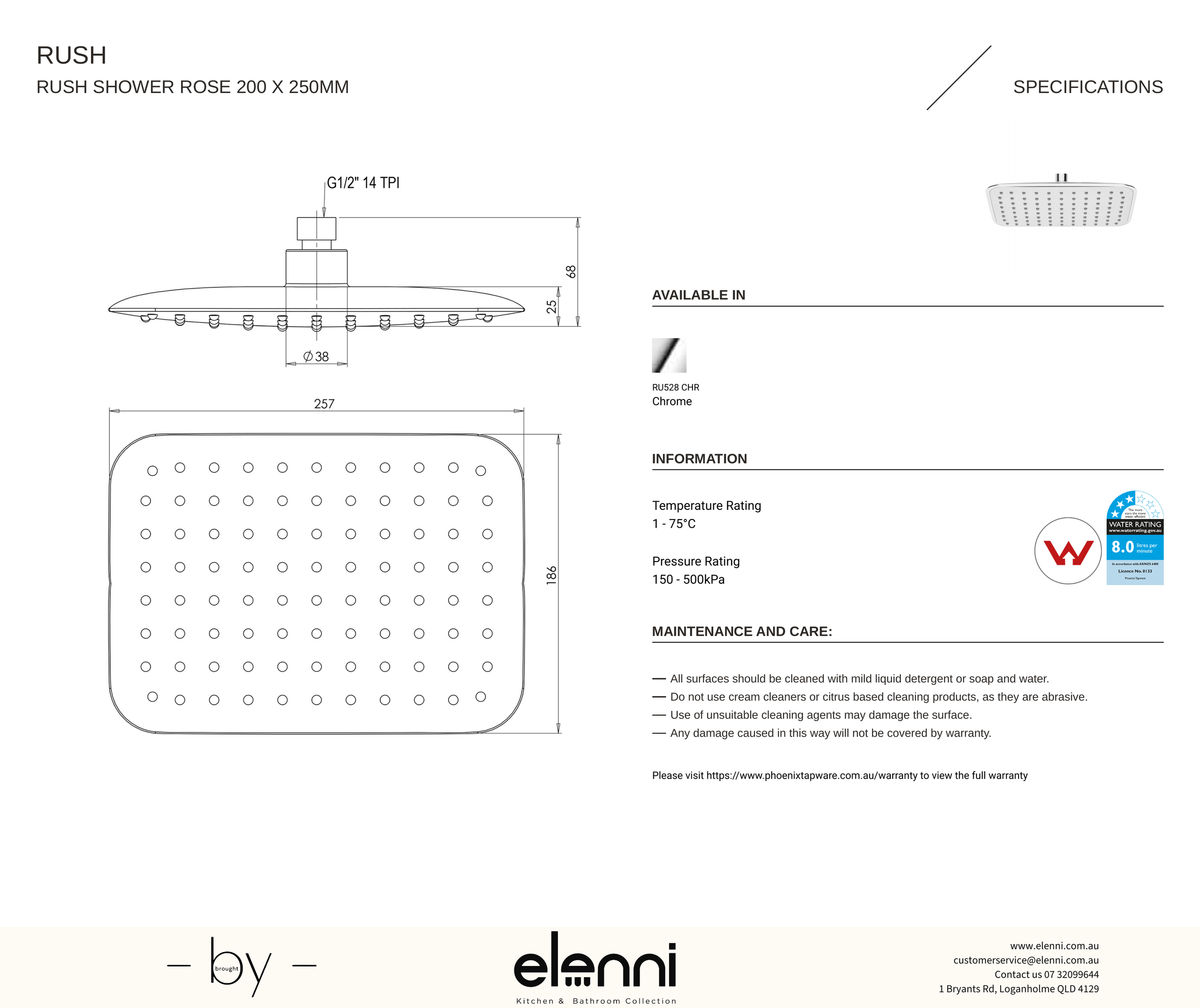 Rush Shower Rose 200 x 250mm - Elenni specification drawing