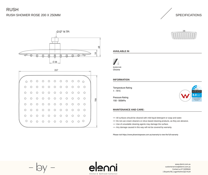 Rush Shower Rose 200 x 250mm - Elenni specification drawing