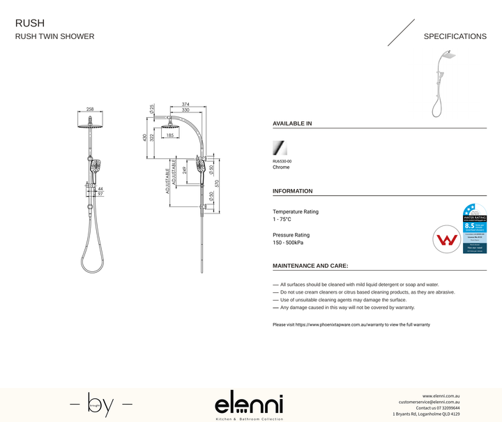 Rush Twin Shower - Elenni specification drawing