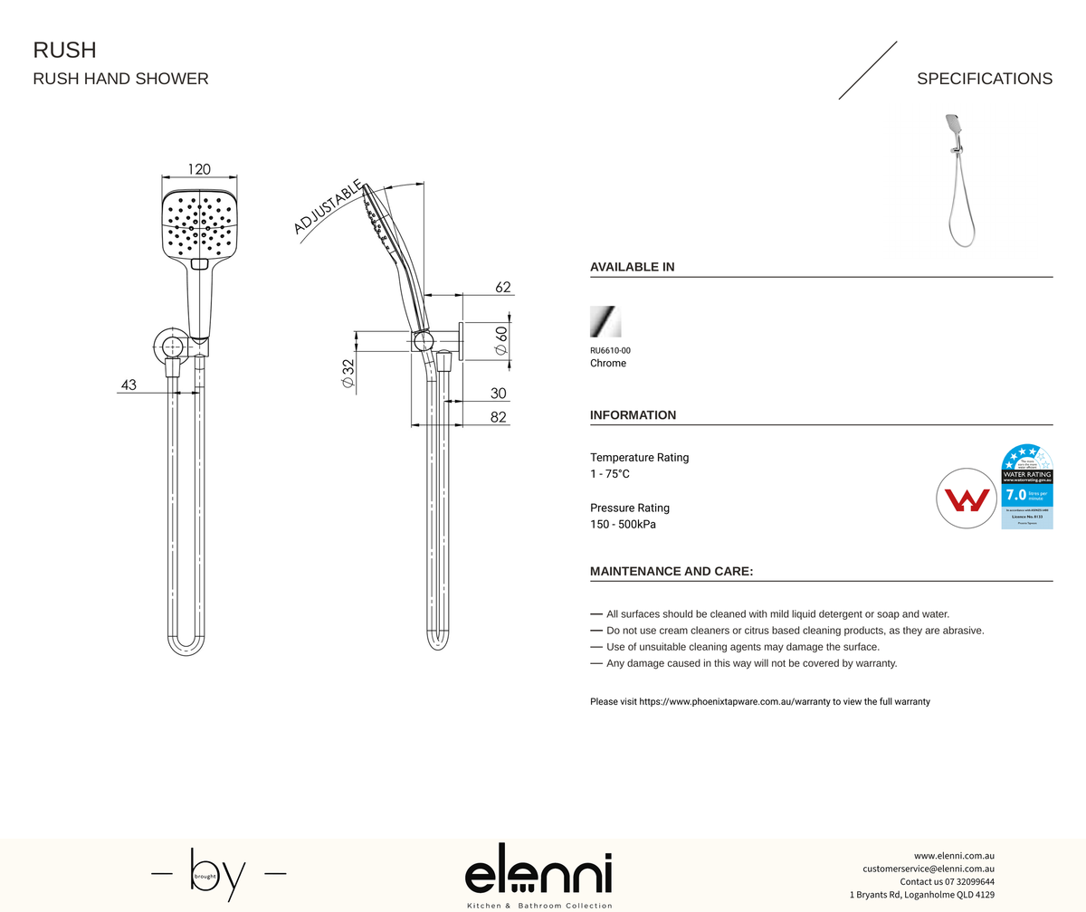 Rush Hand Shower - Elenni specification drawing