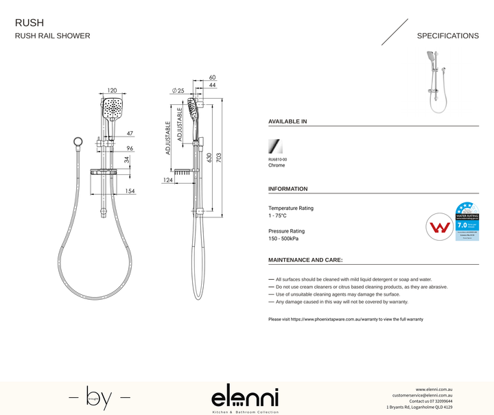 Rush Rail Shower - Elenni specification drawing