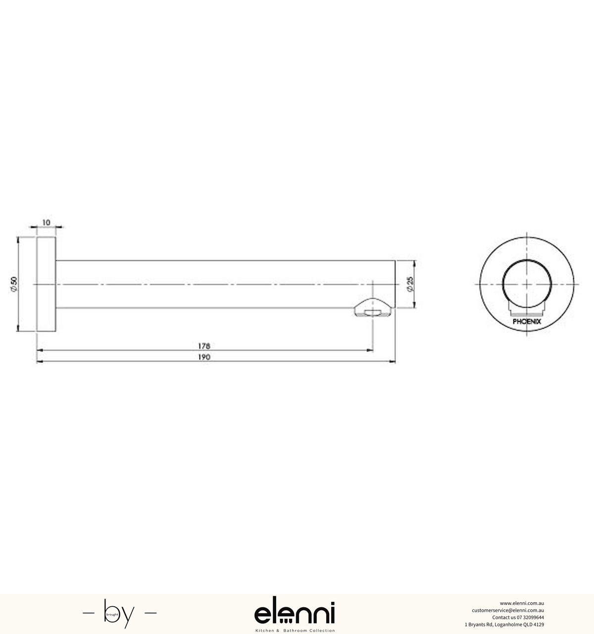 Vivid Wall Bath Outlet 180mm - Elenni specification drawing