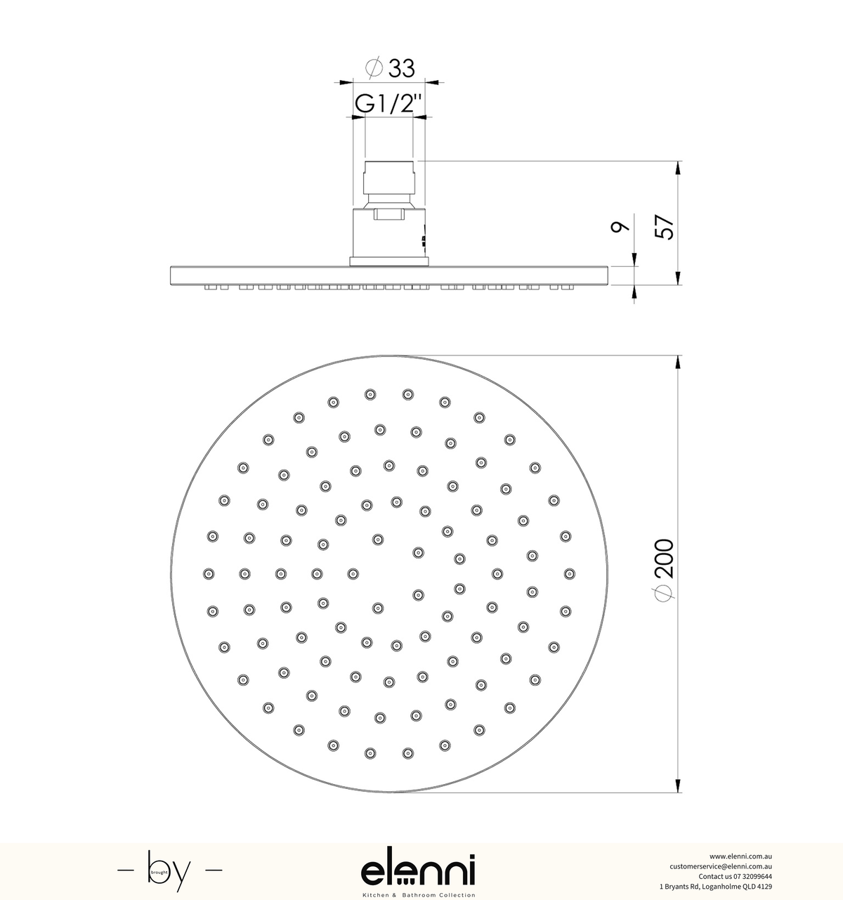 Vivid Shower Rose 200mm Round - Elenni specification drawing