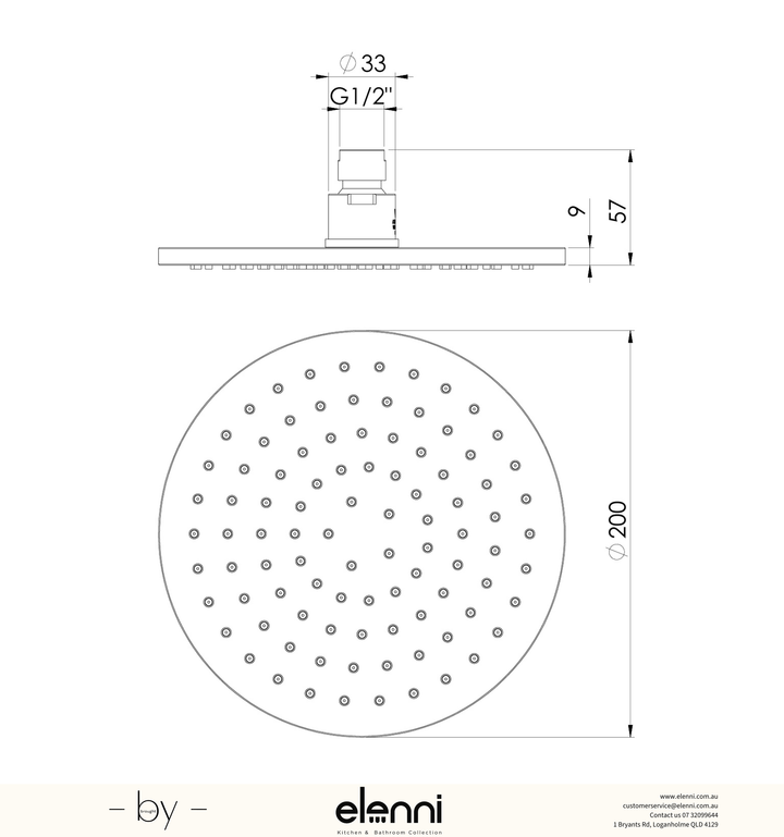 Vivid Shower Rose 200mm Round - Elenni specification drawing