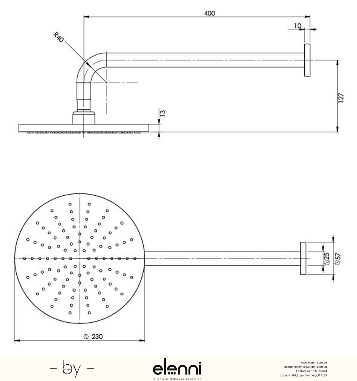 Vivid Shower Arm 400mm &amp; 230mm Round Rose - Elenni specification drawing