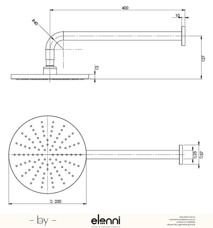 Vivid Shower Arm 400mm &amp; 230mm Round Rose - Elenni specification drawing