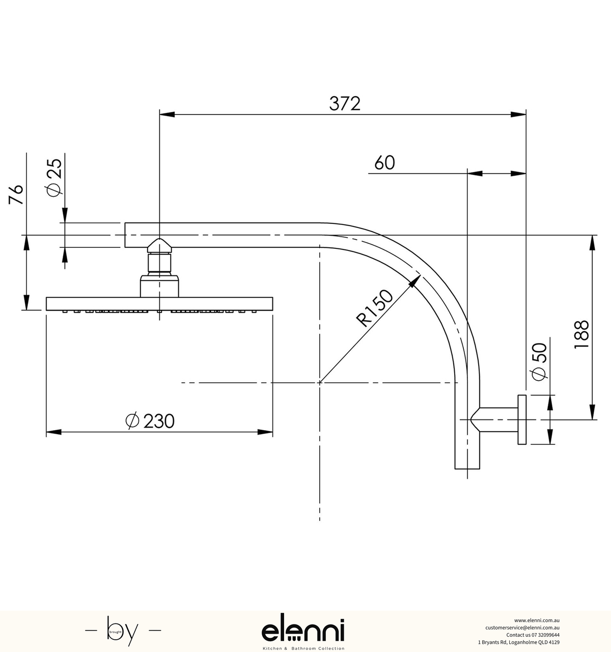 Vivid High-Rise Shower Arm &amp; 230mm Round Rose - Elenni specification drawing