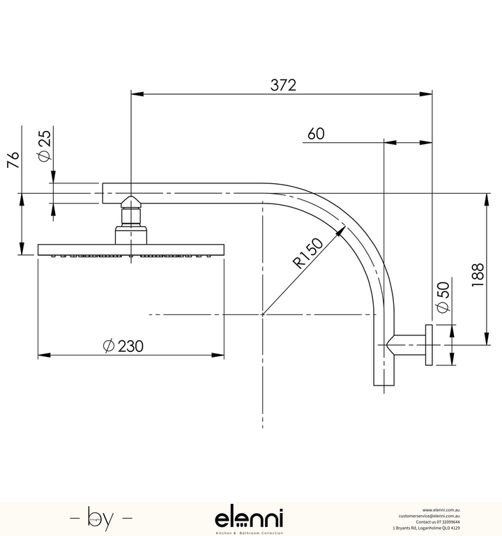 Vivid High-Rise Shower Arm &amp; 230mm Round Rose - Elenni specification drawing