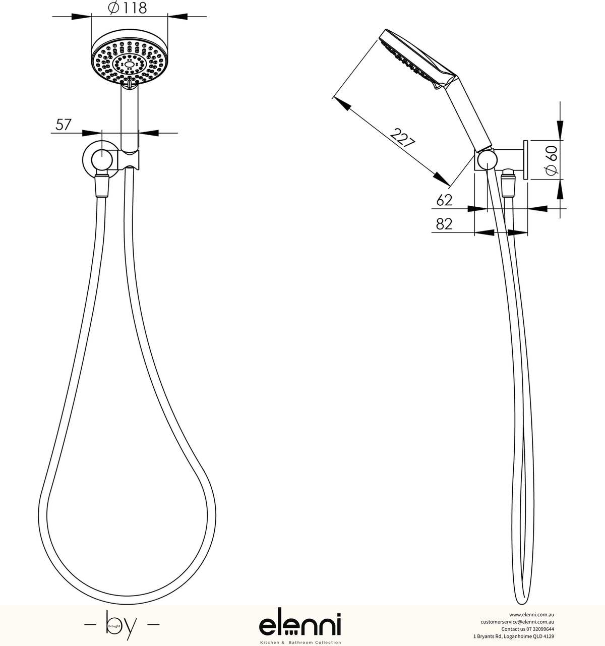 Vivid Hand Shower - Elenni specification drawing