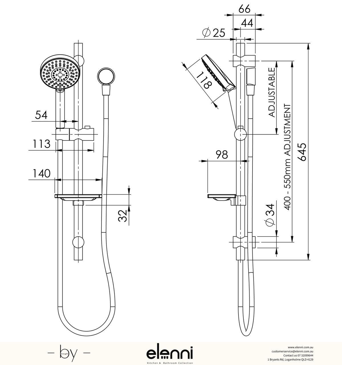 Vivid Rail Shower - Elenni specification drawing
