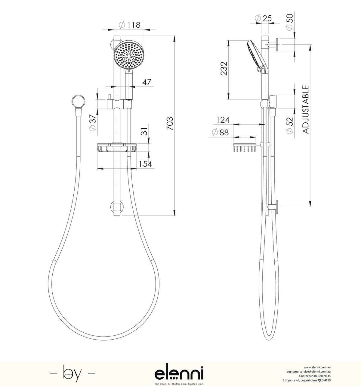 Vivid Premium Rail Shower - Elenni specification drawing