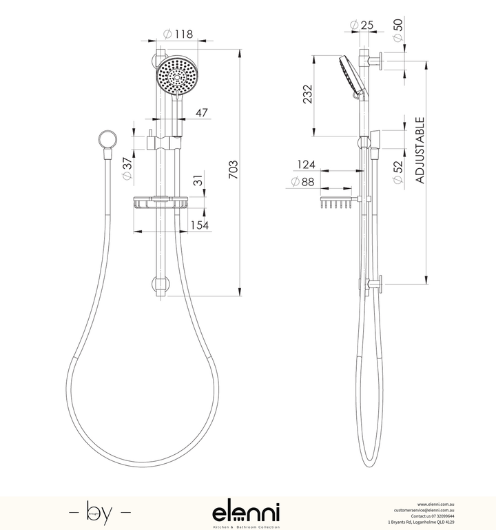 Vivid Premium Rail Shower - Elenni specification drawing