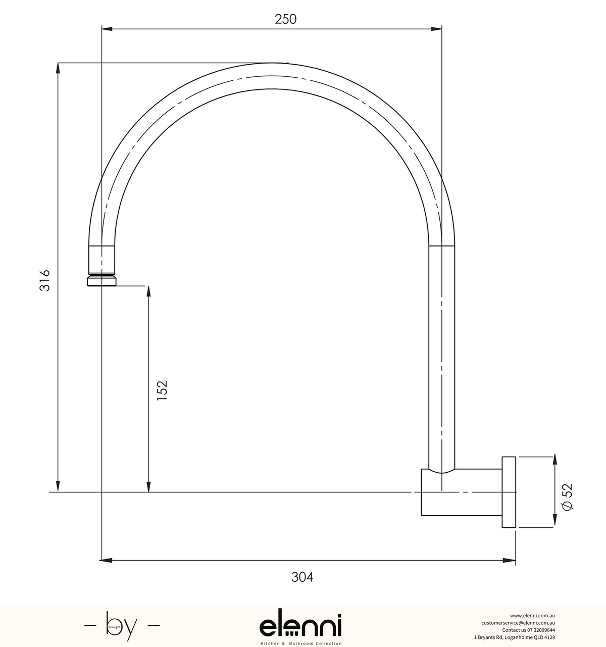 Vivid High-Rise Shower Arm - Elenni specification drawing