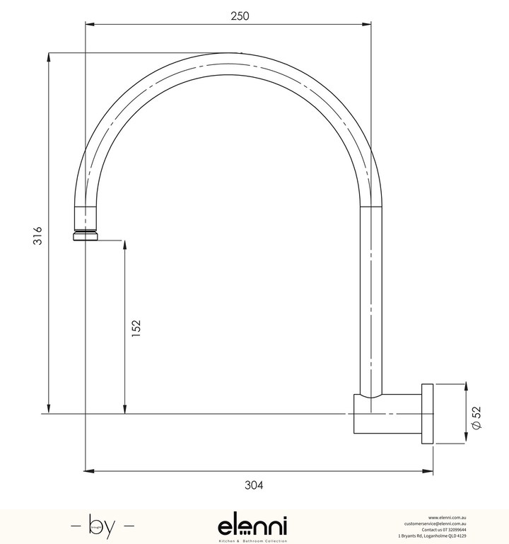 Vivid High-Rise Shower Arm - Elenni specification drawing