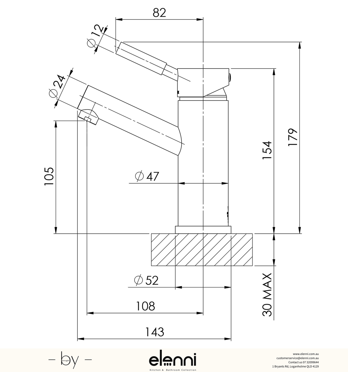 Vivid Basin Mixer - Lead Free - Elenni specification drawing