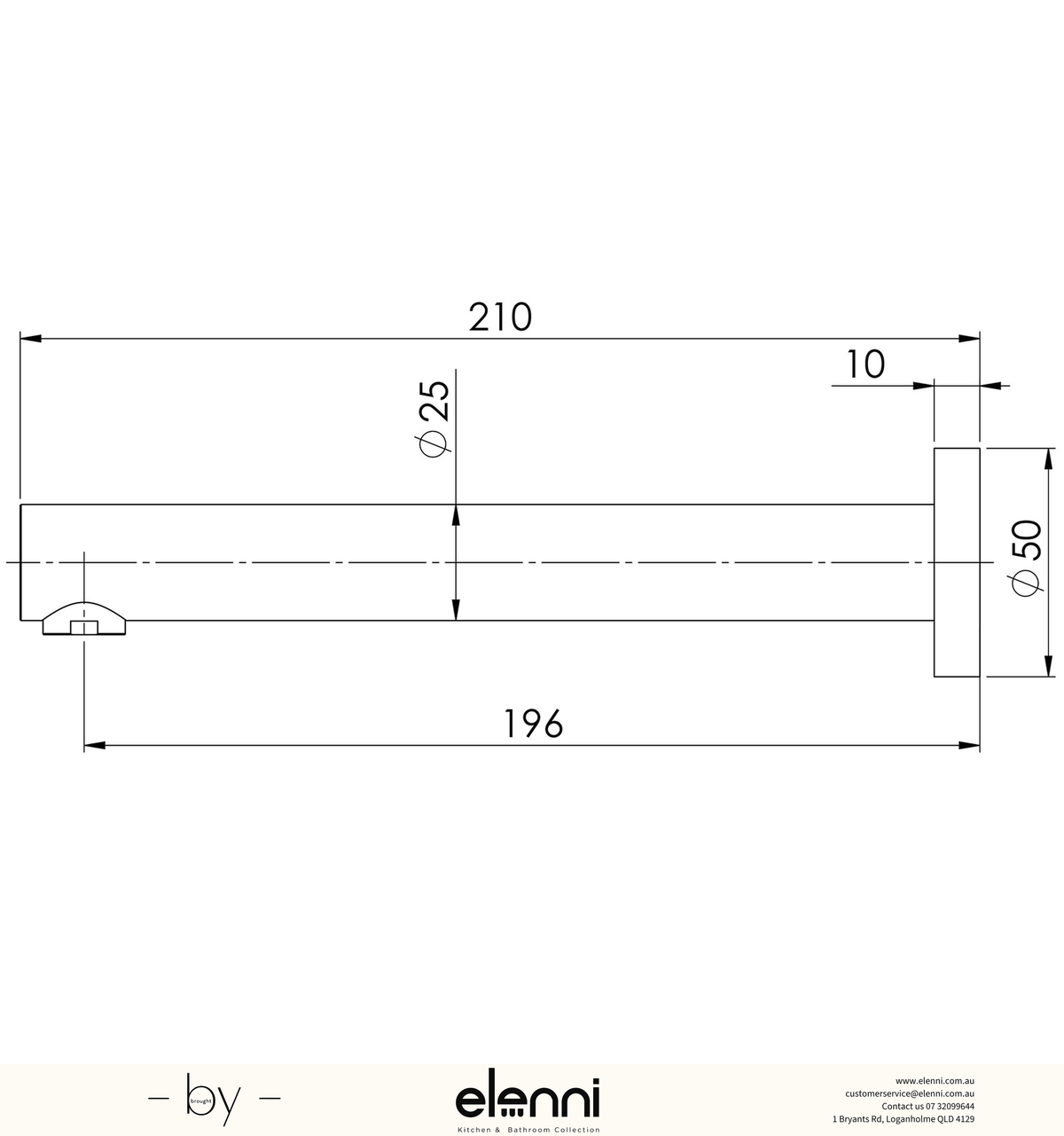 Vivid Wall Bath Outlet 200mm - Lead Free - Elenni specification drawing