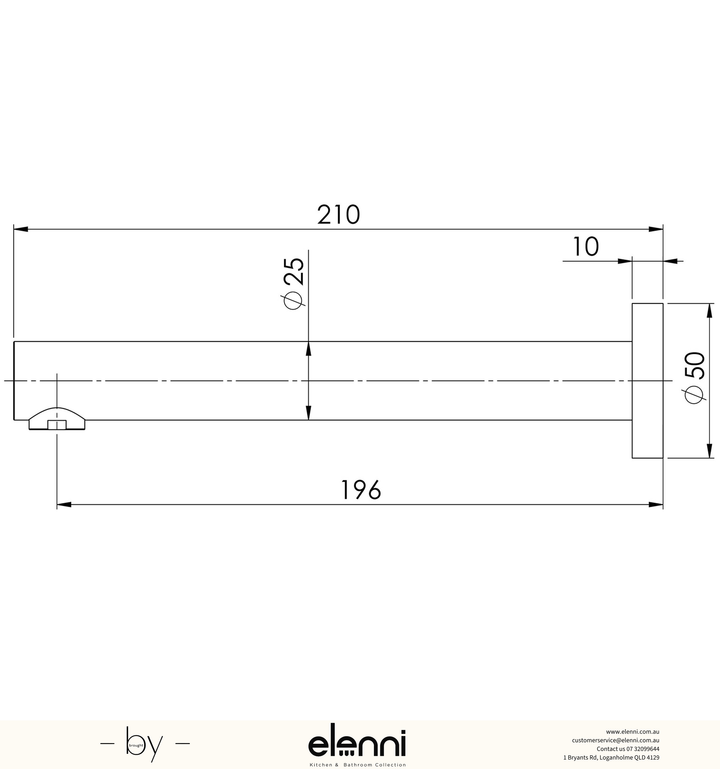 Vivid Wall Bath Outlet 200mm - Lead Free - Elenni specification drawing