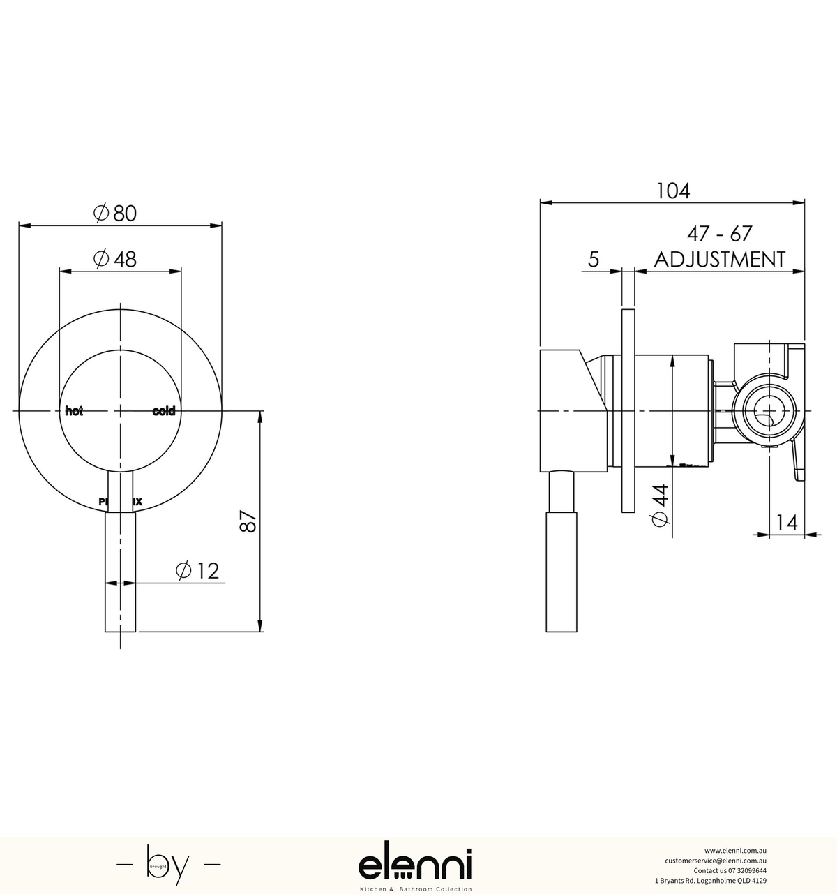 Vivid Shower / Wall Mixer - Lead Free - Elenni specification drawing